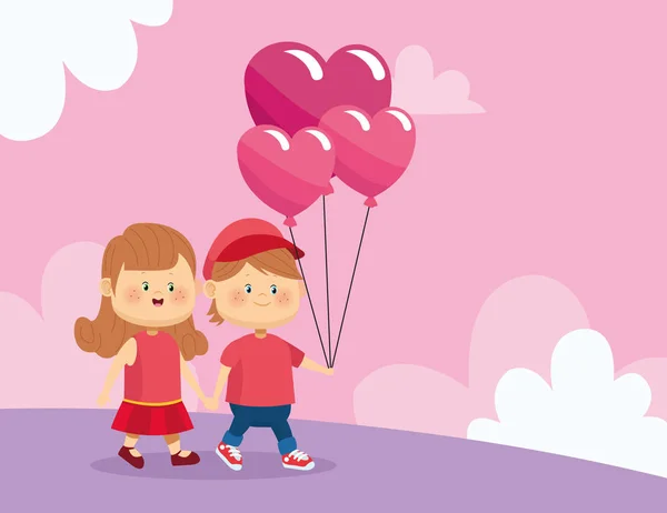 Casal feliz andando com balões corações, design colorido — Vetor de Stock