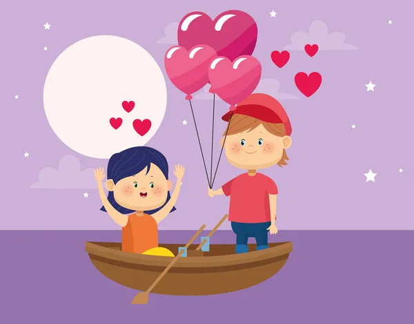 Feliz pareja con corazones globos en canoa de madera, diseño colorido — Vector de stock