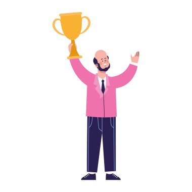 Karikatür işadamı elinde bir kupa tutuyor, renkli bir tasarım.