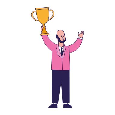 Karikatür işadamı elinde kupa tutuyor.