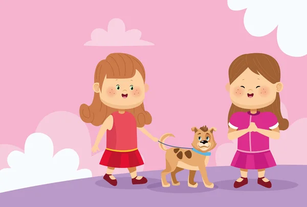 Meninas felizes com ícone de cachorro bonito — Vetor de Stock