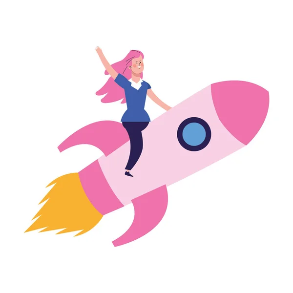 Glückliche Frau auf rosa Rakete Ikone, buntes Design — Stockvektor