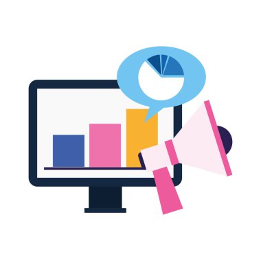 bilgisayar ve megafon simgesi, renkli tasarım