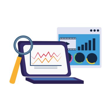 web sayfalı dizüstü bilgisayar ve büyüteç, renkli tasarım