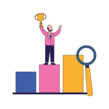 Grafik çizelgesinde bir kupa tutan mutlu adam.