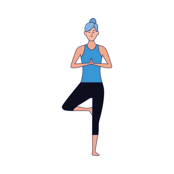Cartoon-Mädchen praktiziert Yoga dabei eine Pose, buntes Design — Stockvektor