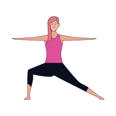 Çizgi film kızı yoga ikonu yapıyor, renkli tasarım.