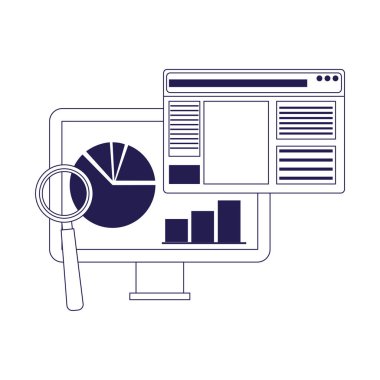 büyüteç, bilgisayar ve web sayfası penceresi, düz tasarım
