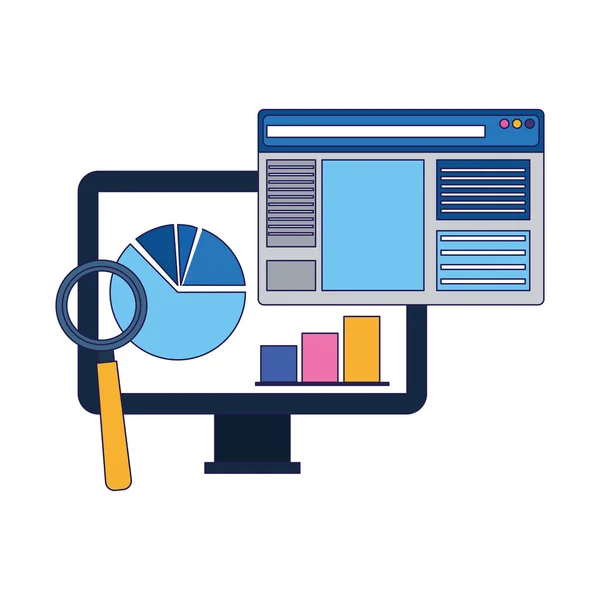 Lupa, computadora y ventana de la página web, diseño colorido — Vector de stock