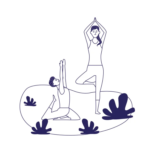 Coppia rilassata facendo yoga pone all'aperto, design piatto — Vettoriale Stock