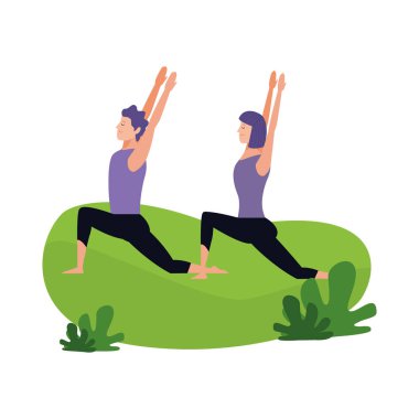 Açık havada yoga yapan çift, renkli tasarım.