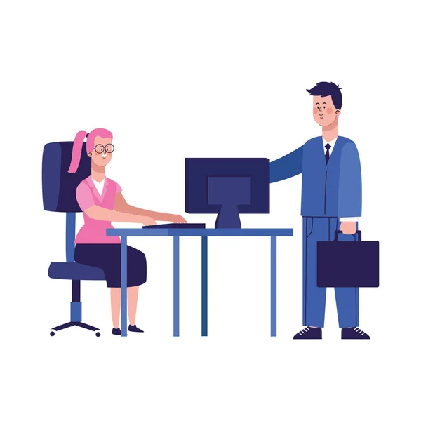 Uomo e donna dei cartoni animati che lavorano sulla scrivania dell'ufficio con il computer — Vettoriale Stock