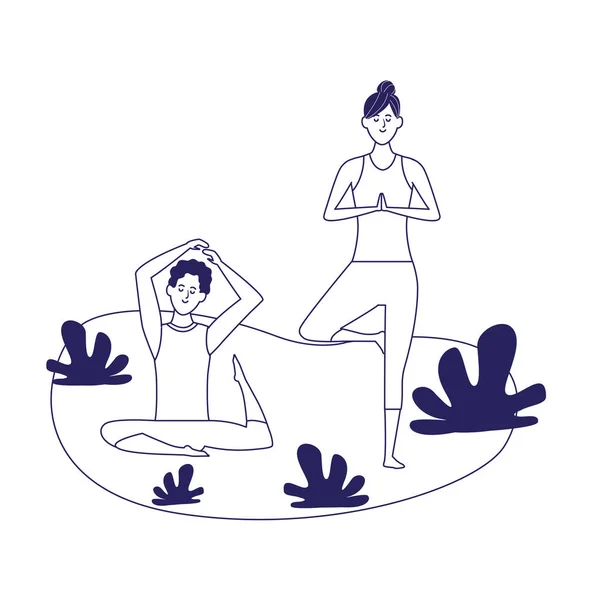 Mulher e homem praticando ioga ao ar livre, design plano —  Vetores de Stock