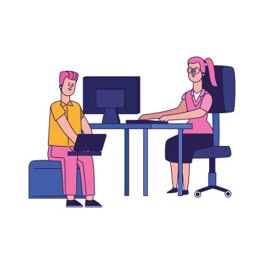 Çizgi film işçisi dizüstü bilgisayar ve ofis masasında çalışan kadın kullanıyor. Renkli tasarım.