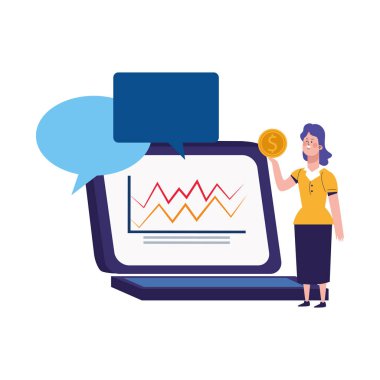 Konuşma baloncuklu dizüstü bilgisayar ve elinde renkli bir para tutan kadın.