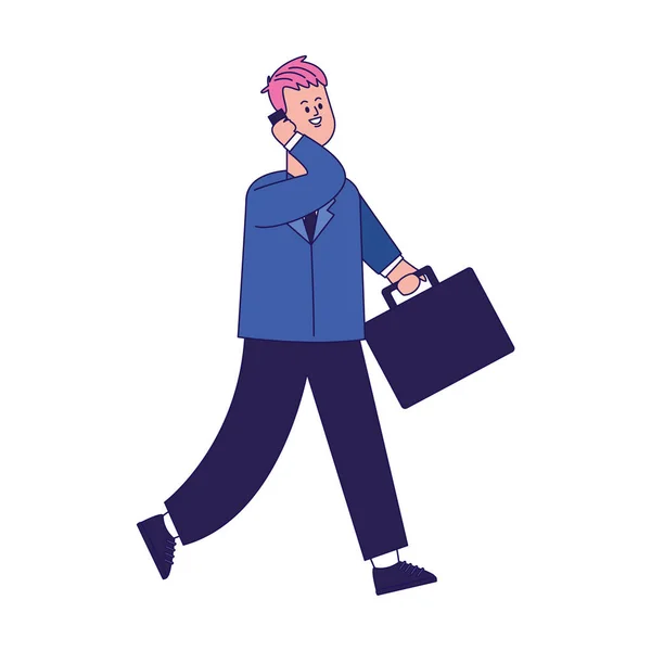 Hombre de dibujos animados usando un teléfono celular y caminando — Vector de stock