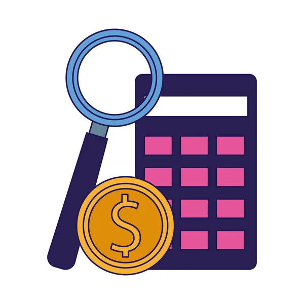 Kalkulačka, peníze mince a lupa, barevný design — Stockový vektor