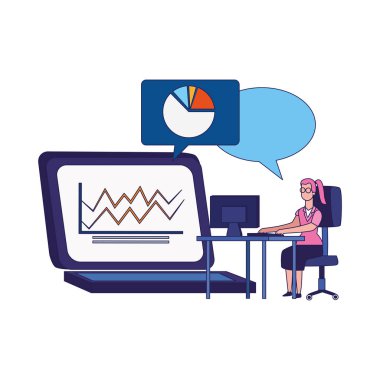 Bilgisayarlı dizüstü bilgisayar ve ofiste çalışan kadın