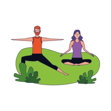 Mutlu çift dışarıda yoga yapıyor, renkli tasarım.
