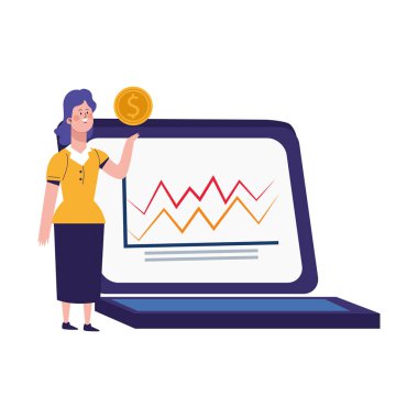 Dizüstü bilgisayar ve elinde para tutan kadın, renkli tasarım.