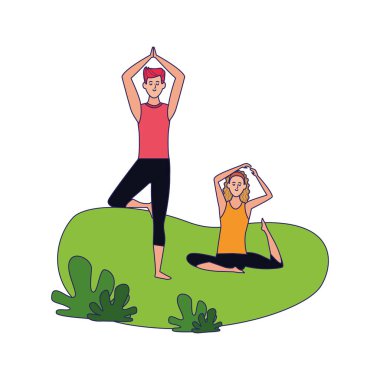 Erkek ve kadın dışarıda yoga yapıyor, renkli tasarım.