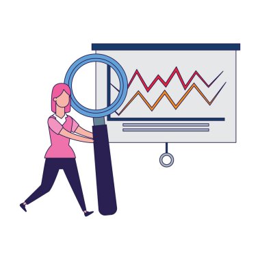 Grafik çizelgesi olan bir pano ve büyük büyüteçli mutlu bir kadın.