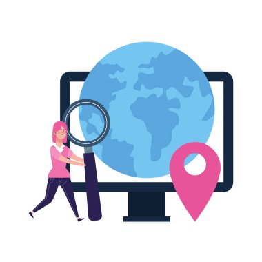 Büyüteci, bilgisayarı ve Dünya gezegeni olan bir kadın.