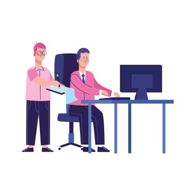 Ofis masasındaki iş adamları, renkli tasarım.