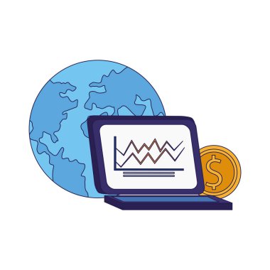 Dizüstü bilgisayarı ve parası olan dünya gezegeni, renkli tasarım.