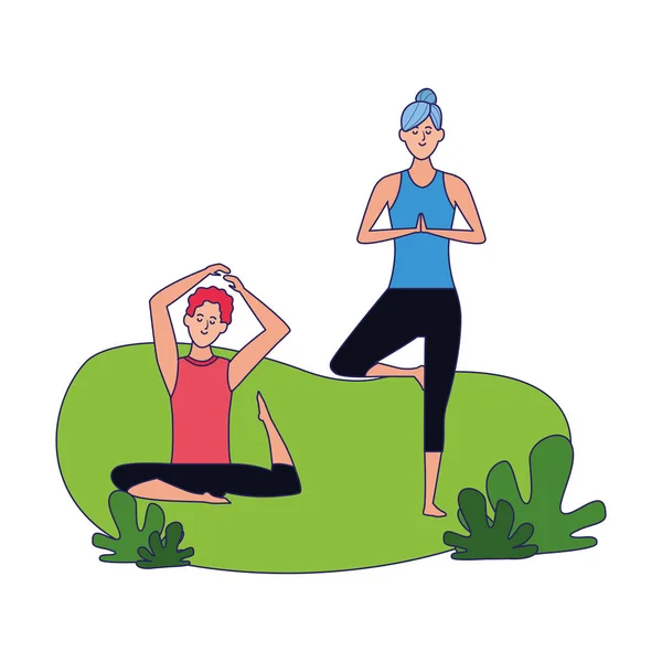 Mujer y hombre practicando yoga al aire libre, diseño colorido — Vector de stock