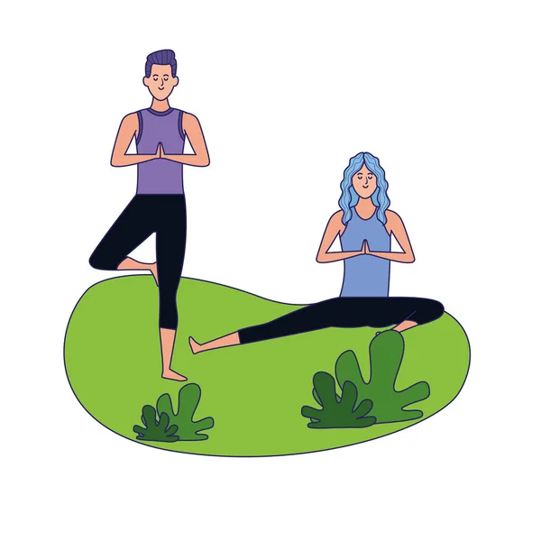 Mujer y hombre haciendo yoga en la hierba, diseño colorido — Vector de stock