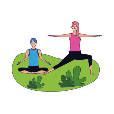 Rahat çift dışarıda yoga yapıyor, renkli tasarım.