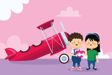 Mutlu çocuk ve kız hafif uçaklar ve pembe arka plan üzerinde