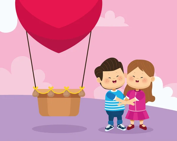 Coração balão de ar quente e casal feliz — Vetor de Stock