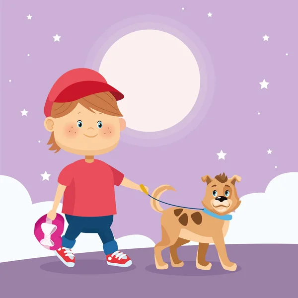 Mutlu çocuk şirin bir köpekle yürüyor, renkli bir tasarım. — Stok Vektör