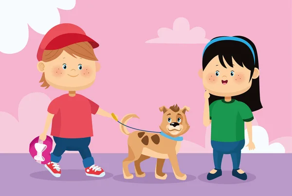 Menina feliz e menino andando com cão bonito, design colorido — Vetor de Stock