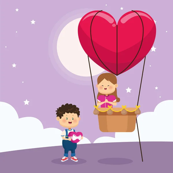 Feliz chico y chica en el corazón globo de aire, diseño colorido — Vector de stock