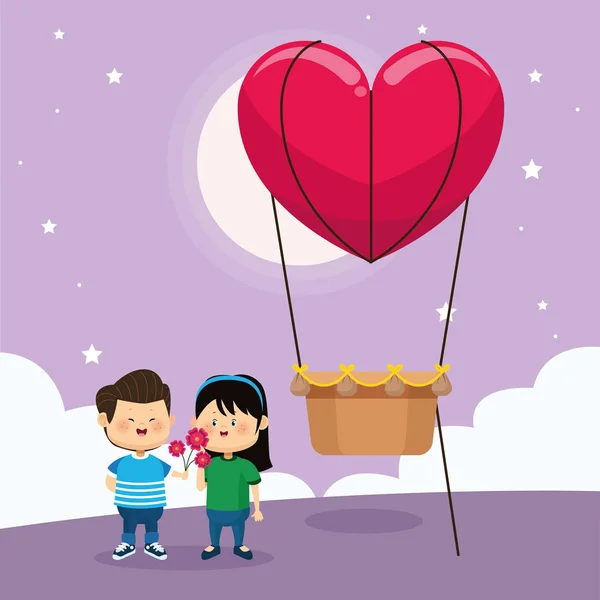 Mutlu çift ve kalp sıcak hava balonu, renkli tasarım. — Stok Vektör