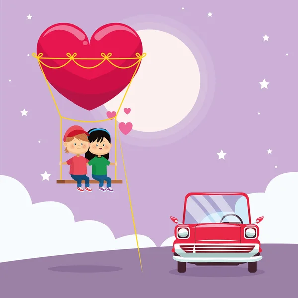 Счастливая пара на сердце качели и классический автомобиль, красочный дизайн — стоковый вектор