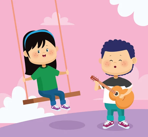 Homem cantando e tocando guitarra para uma menina em um balanço, design colorido — Vetor de Stock