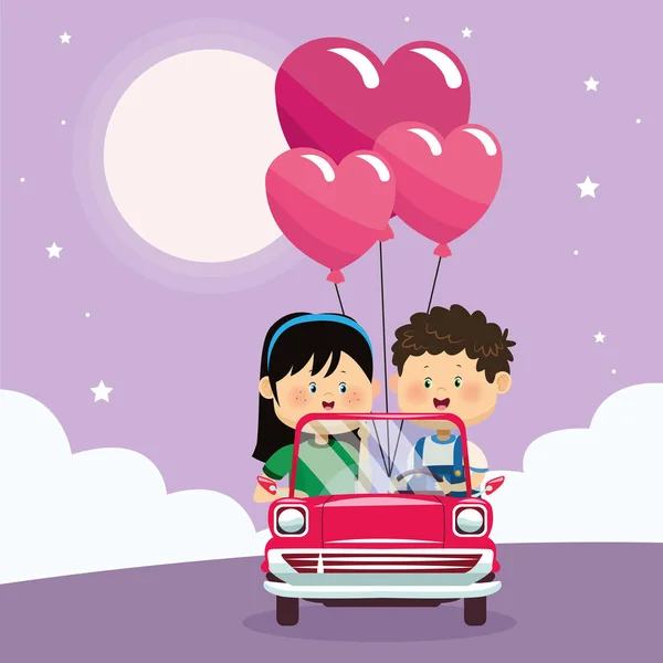 Feliz pareja con globos de corazón en el coche clásico, diseño colorido — Archivo Imágenes Vectoriales