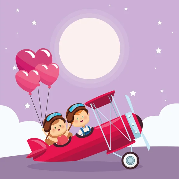 Mutlu çift kalp balonlarıyla hafif uçaklarda, renkli tasarım — Stok Vektör