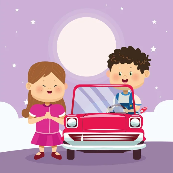 古典的な車の中で幸せな女の子と男の子、カラフルなデザイン — ストックベクタ