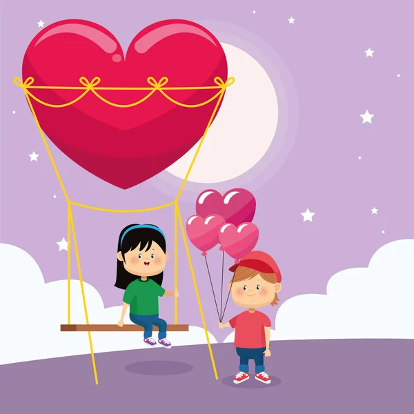 Mutlu çocuk kalp balonları ve kız kalp salıncak — Stok Vektör