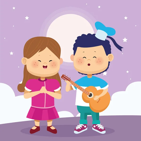 幸せな女の子と男の子がギターを弾く、カラフルなデザイン — ストックベクタ