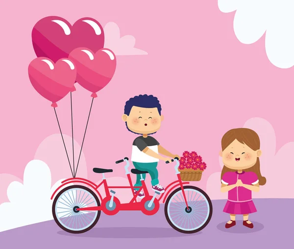 Ragazza felice e ragazzo in doppia bici con cuori palloncini e fiori — Vettoriale Stock