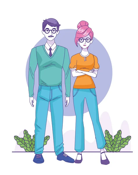 Hombre y mujer de dibujos animados de pie, diseño colorido — Vector de stock