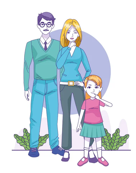 Мультфильм счастливая семья с маленькой девочкой стоя, красочный дизайн — стоковый вектор
