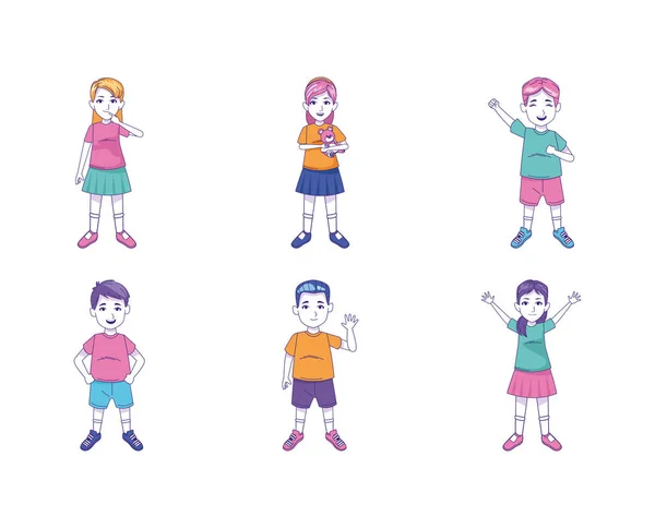 Icono conjunto de dibujos animados niños de pie, diseño colorido — Vector de stock