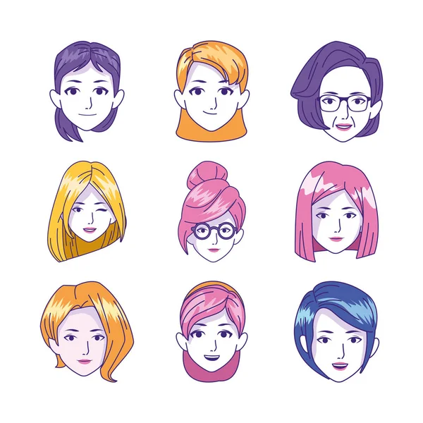 Icône ensemble de visages de femmes, design coloré — Image vectorielle